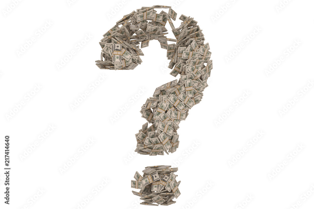 Question sign from packs of dollar isolated on white where to invest money concept 3D illustration. Question sign from packs of dollar isolated on white where to invest money concept 3D illustration.