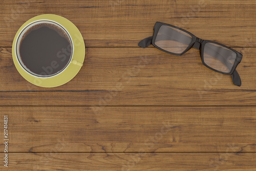 Glasses with coffee on a wooden board 3D illustration.