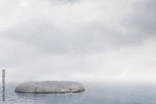 Lonely flat rock in ocean, cloudy sky