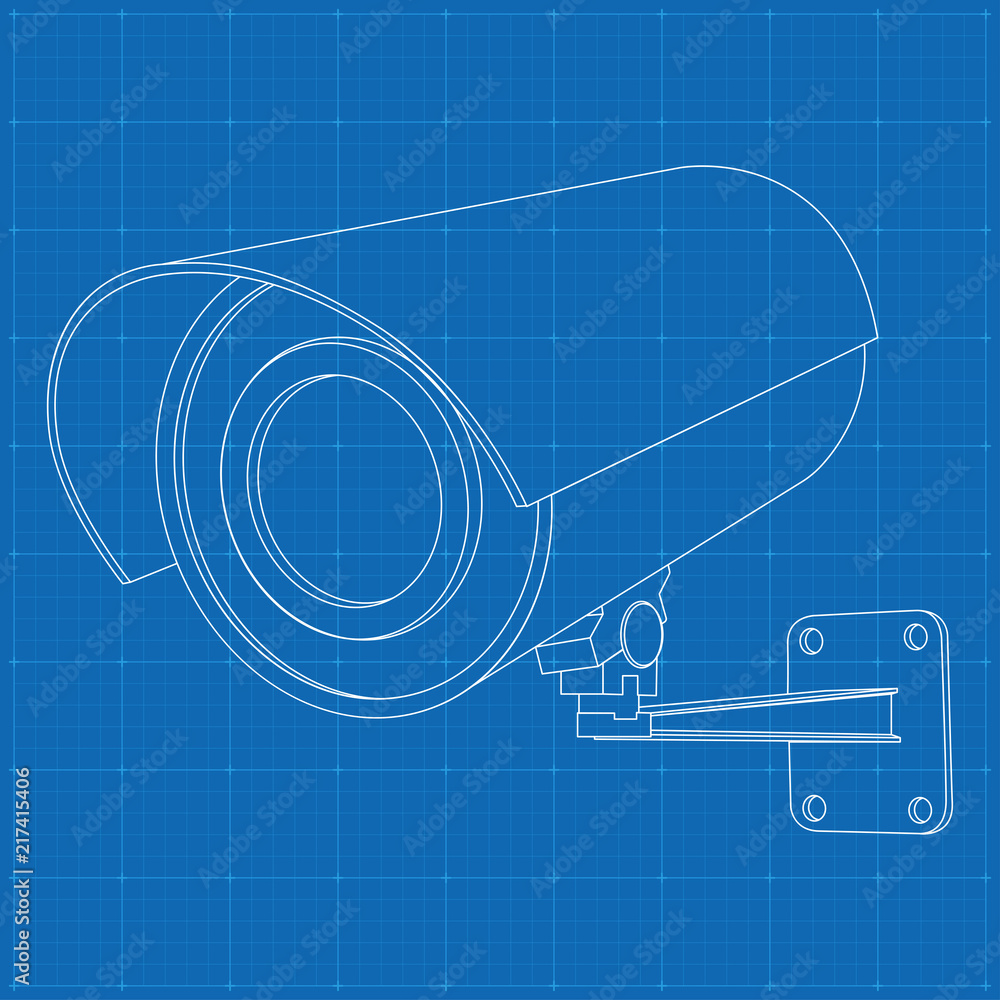 Obraz premium CCTV security camera. Outline drawing on blueprint bacground