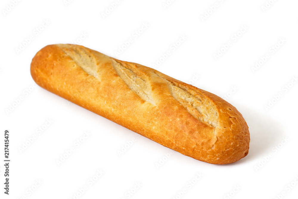 Small fresh baguette isolated on white background