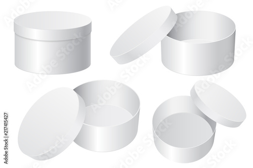 Round gift box. White blank open and closed containers
