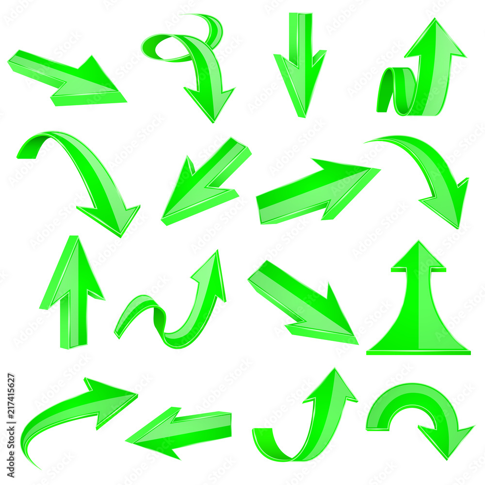 Green 3d arrows. Straight and bent icons Green 3d arrows. Straight and bent icons