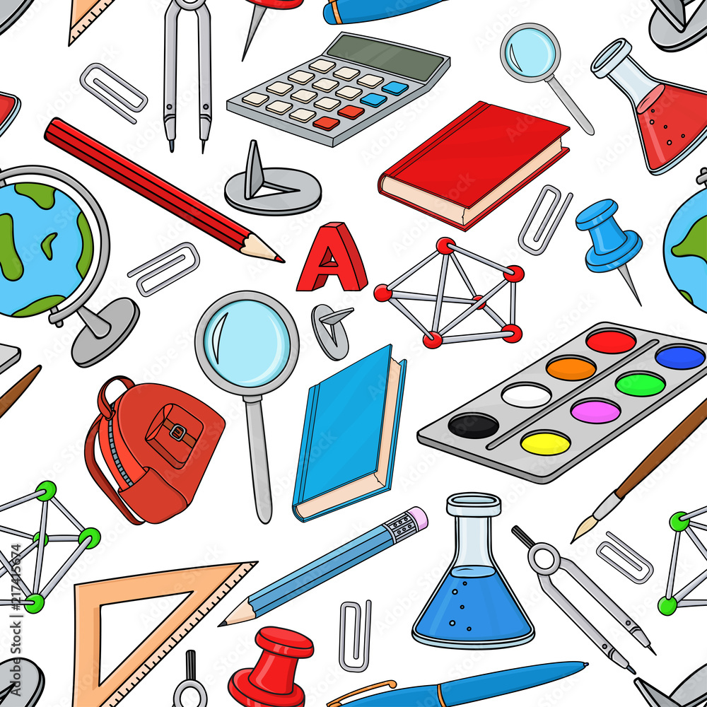 School doodle. Colored set of stationery tools. Seamless pattern School doodle. Colored set of stationery tools. Seamless pattern