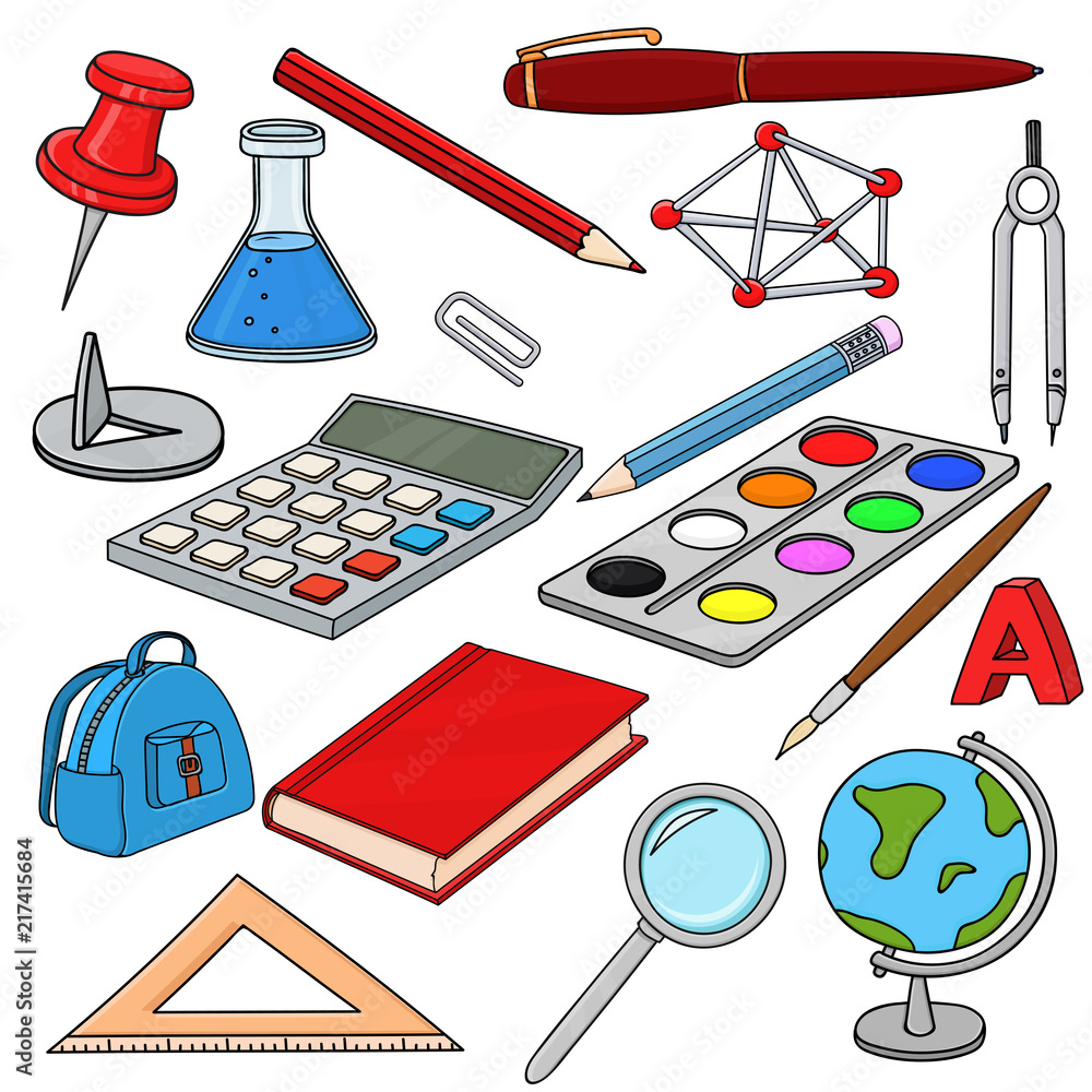School doodle. Colored set of stationery tools School doodle. Colored set of stationery tools