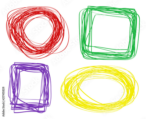 Chaotic geometric frames on white. Colored abstract tangled borders. Hand drawn dinamic scrawls. Backgrounds with chaos stripes. Line art creation. Sketchy doodles for work