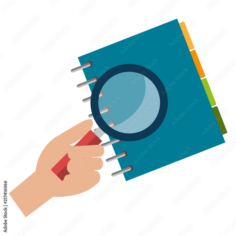hand with magnifying glass and notebook hand with magnifying glass and notebook