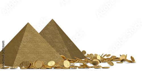 Golden pyramid and coins isolated on white background 3D illustration.