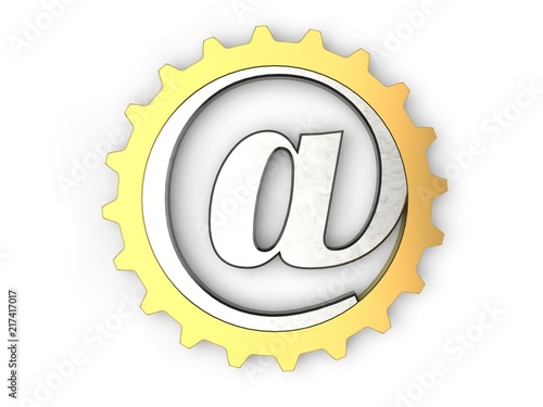 The dog, image of metal e-mail symbol made of metal, gold, silver and iron in the gear. The idea of an Internet communication mechanism. 3D rendering isolated on white background.