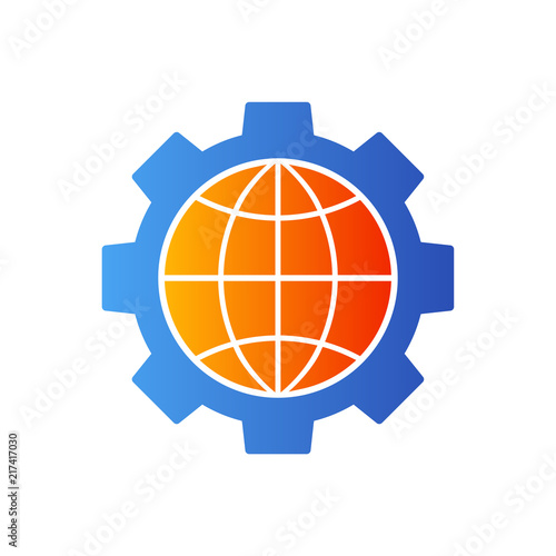 Icono plano engranaje con mundo en azul y naranja