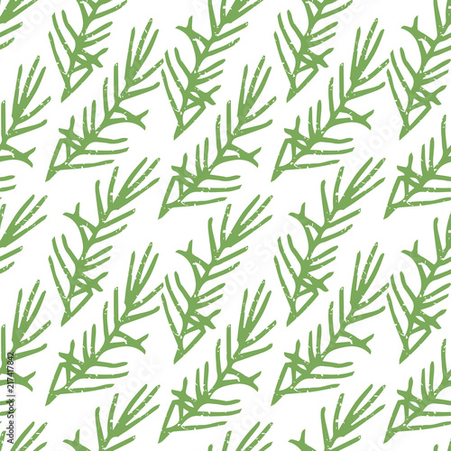 Seamless green pine branches pattern. Nordic floral design. Hand drawn forest print.