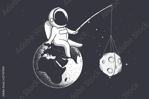 an astronaut sitting on Earth holds Moon with a stick.Vector illustration