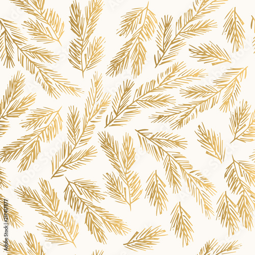 Golden winter pattern with fir branches. Decorative New Year background. 