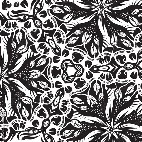 A square tile with floral elements, black and white drawing