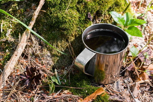 a mug of tea in the forest on an old stump with moss