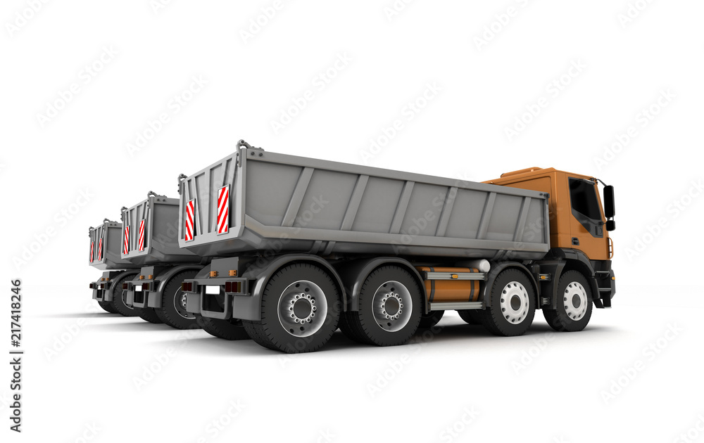 Side view on group of three dump truck in row isolated on white background. 3d illustration Side view on group of three dump truck in row isolated on white background. 3d illustration