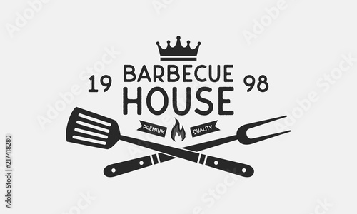 Barbecue House logo. Grill fork and Spatula. Vintage BBQ emblem. Template. Vector illustration