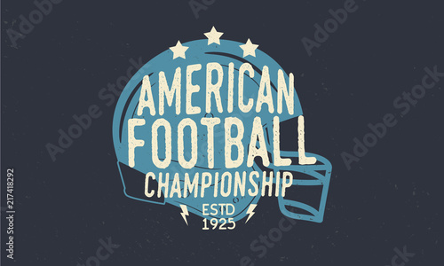 American Football Helmet. Football championship logo. Trendy retro logo. Vintage poster with text and silhouette of helmet. Template. Vector Illustration