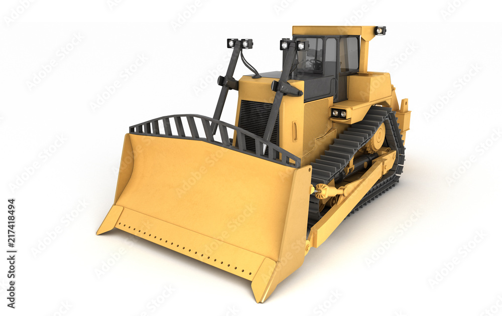 Massive powerful yellow hydraulic bulldozer isolated on white ...