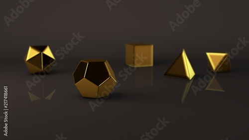 Group, set of geometric shapes, Platonic body, polyhedra, polygonal gold objects of precious metal, gold, bronze and. Illustration, abstract image on reflections background. 3D rendering