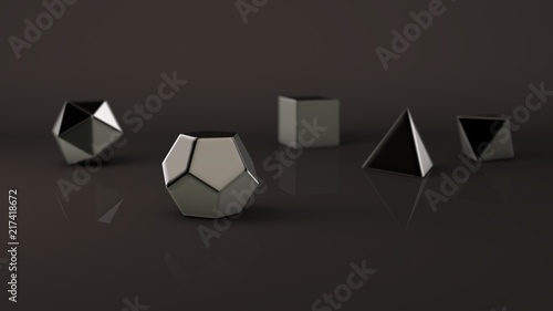 Group, set of geometric shapes, Platonic body, polyhedra, polygonal objects of precious metal, silver, platinum, iron, chrome. Illustration, abstract, background picture of reflections. 3D rendering