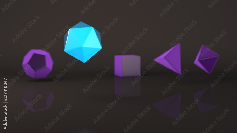 Group, set of geometric shapes, Platonic body, polyhedra, polygonal objects of blue and purple, glowing. Illustration, abstract, background picture of reflections. 3D rendering Group, set of geometric shapes, Platonic body, polyhedra, polygonal objects of blue and purple, glowing. Illustration, abstract, background picture of reflections. 3D rendering