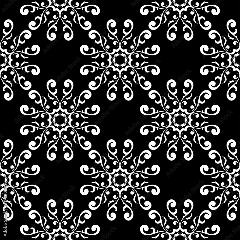 White floral seamless pattern on black background White floral seamless pattern on black background