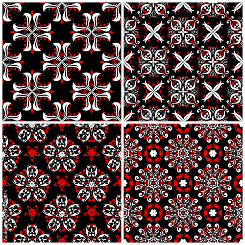 Seamless backgrounds. Black white and red classic sets with floral patterns