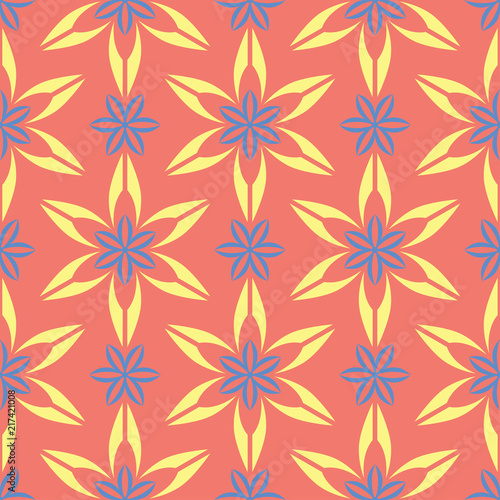 Flower design seamless pattern. Bright yellow and blue flower elements on salmon red background