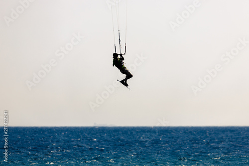A silhouette of a kitesurfer in Tarifa, Spain. 