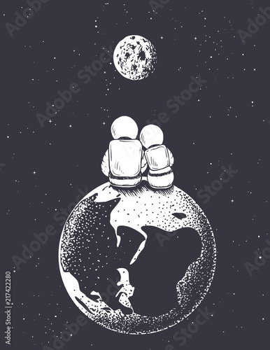 astronaut girl and boy looks to Moon from Earth.Love in space.Romantic vector illustration