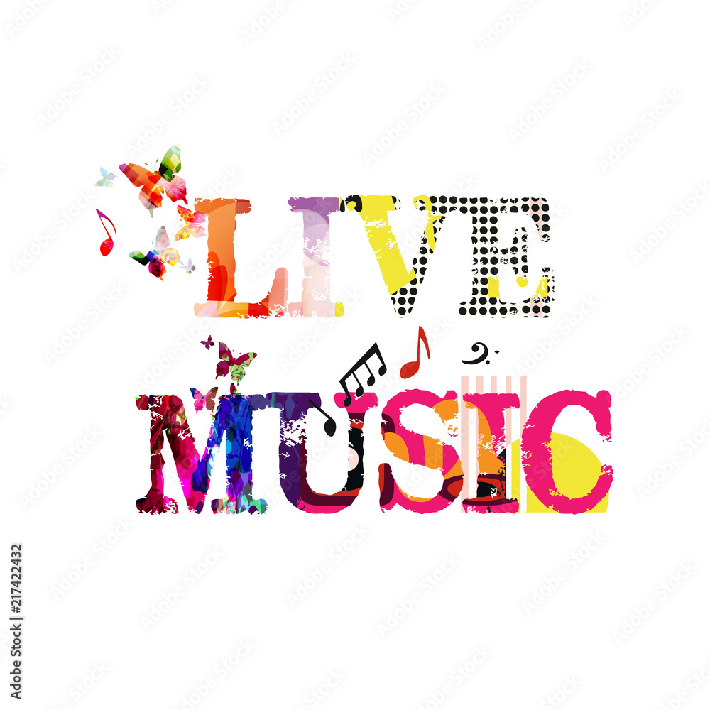 Live music typographic colorful background vector illustration. Artistic music festival poster, live concert, creative banner design. Word music