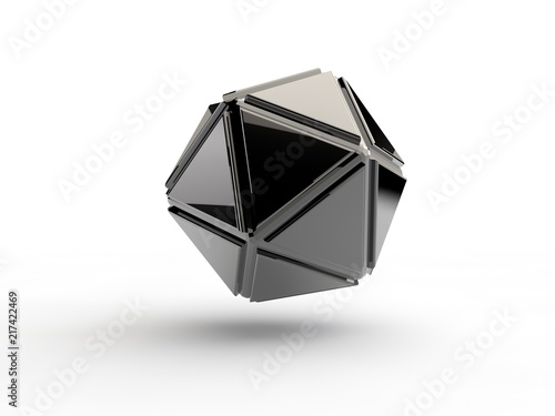 Icosahedron chromed, steel, iron, abstract geometric shape image isolated on white background. Illustration of the idea. 3D rendering photo