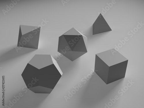 geometric shapes octahedron, tetrahedron, hexahedron, dodecahedron, icosahedron in gray set on white background isolated. 3D rendering