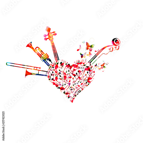 Music colorful background with music notes, trumpet, trombone and violoncelo pegbox and scroll vector illustration design. Music festival poster, live concert, creative design