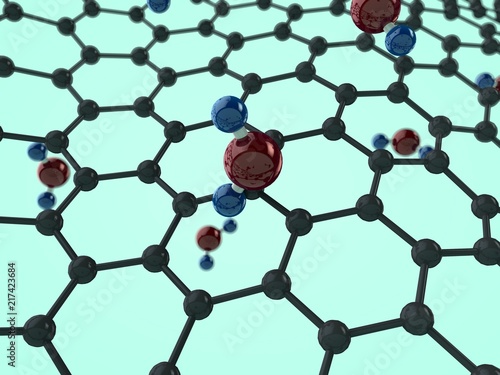 Illustration of graphene water filter with water molecules. Graphene crystal lattice. The idea of purity, ecology, health. 3D rendering on blue background.