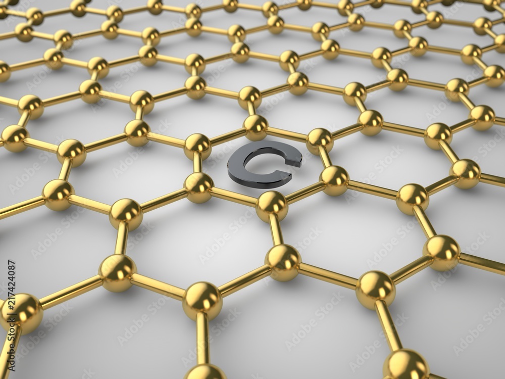 Illustration of a gold crystal lattice of graphene with the symbol of  carbon, graphene film. The