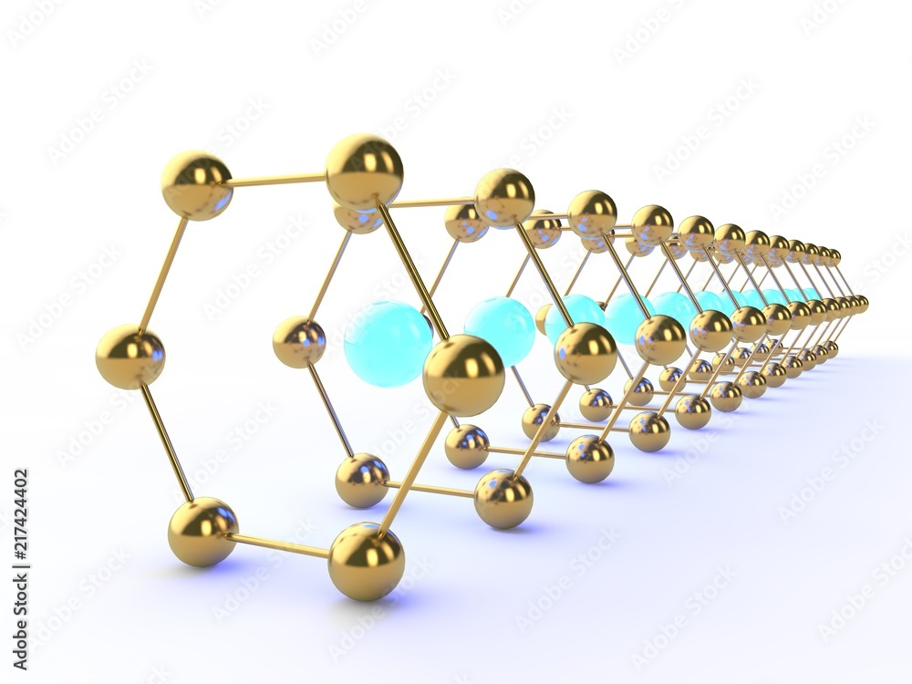 Obraz premium Illustration of a Golden hexagon graphene molecule. The idea of heavy-duty material, advanced technology. Graphene tunnel. 3D rendering. Super battery and superconductor of the future.