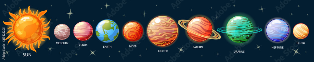 Naklejka premium Planety Układu Słonecznego. Słońce, Merkury, Wenus, Ziemia, Mars, Jowisz, Saturn, Uran, Neptun, Pluton
