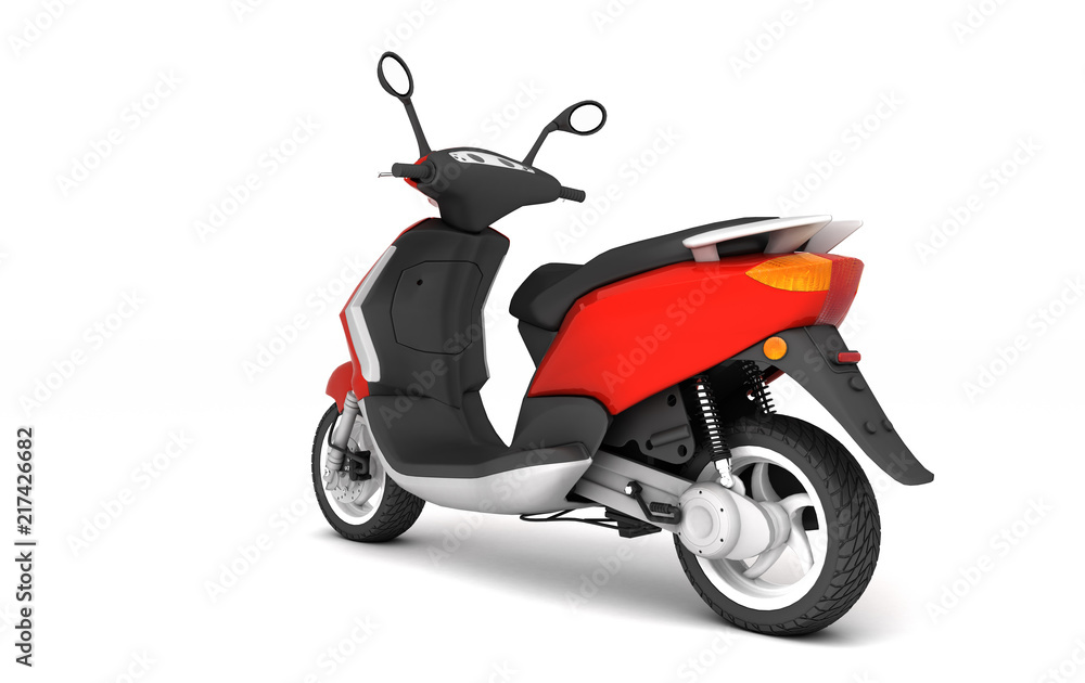 Fototapeta premium 3D Rendering of red modern motor scooter isolated on white background. Rear side view of red moped. Perspective. Left side view.