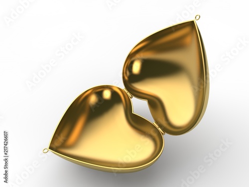 The image of an empty, open the Golden box in the shape of a heart. Idea for a Valentine celebration, love and loyalty, sincerity and candor. 3D rendering, isolated on white background. Illustration