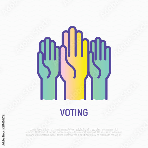 Voting: raised hands thin line icon. Modern vector illustration.