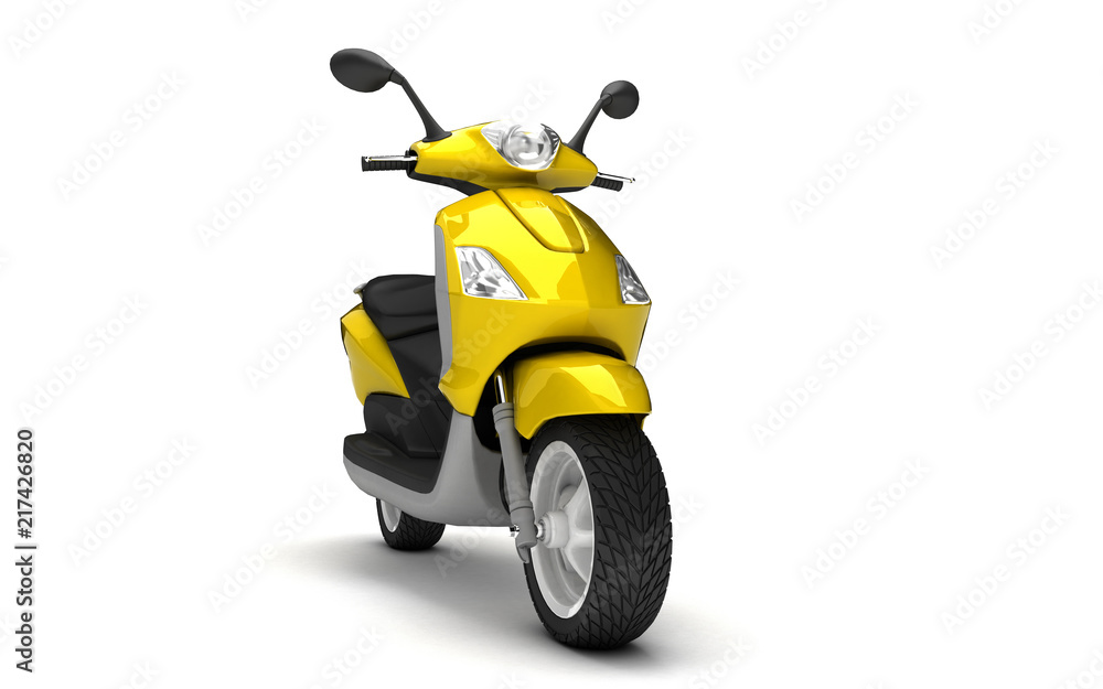 3D Rendering of yellow modern motor scooter isolated on white background. Front side view of yellow moped. Perspective
