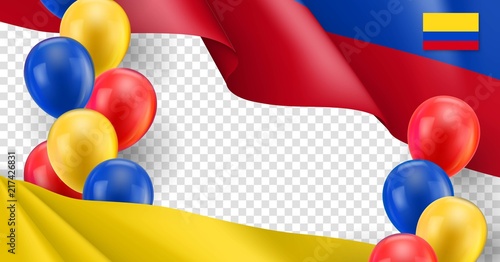 Colombian patriotic template with copy space. Realistic waving colombian flag and colorful helium balloons on transparent background. Independence and freedom, democracy and patriotism vector banner photo