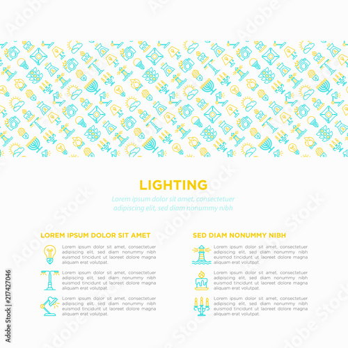 Lighting concept with thin line icons: bulb, LED, CFL, candle, table lamp, sunlight, spotlight, flash, candelabrum, bonfire, menorah, lighthouse. Modern vector illustration, print media template.