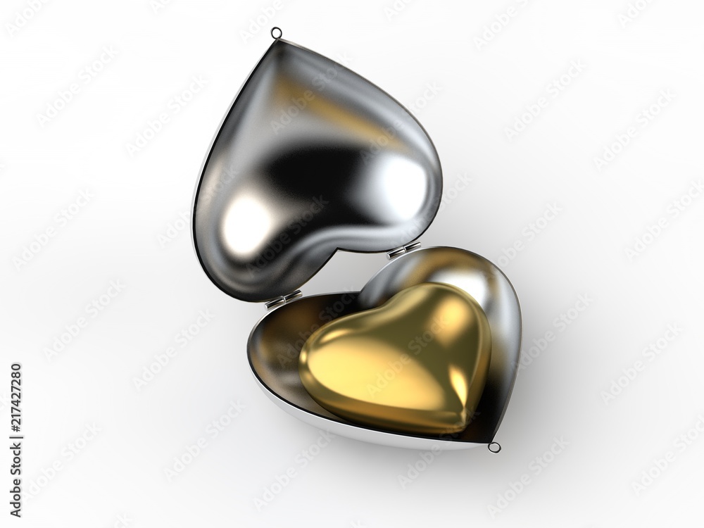 A silver box in the shape of a heart with a heart of gold inside. The idea for the Valentine holiday, store loyalty and love. 3D rendering, isolated on white background. Illustration