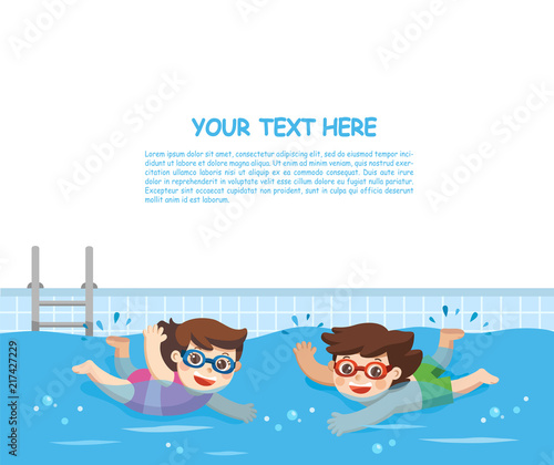 Cheerful and active little Boy and Girl swimming in the swimming pool. Template for advertising brochure.