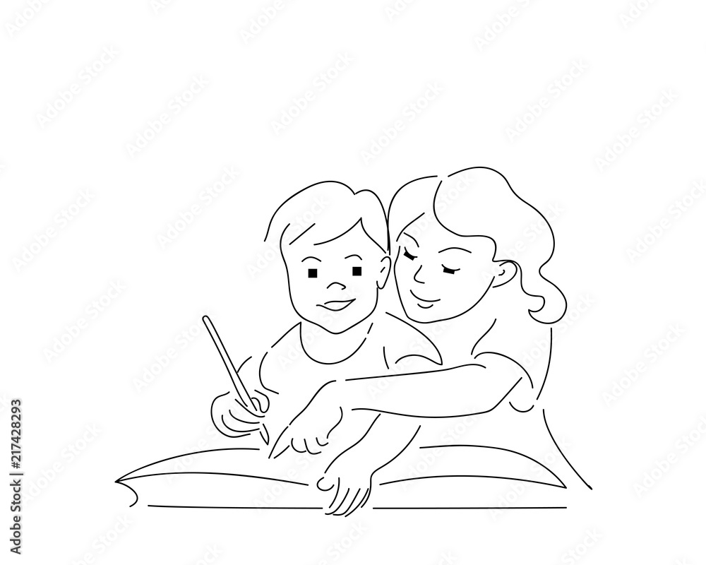 Two kids drawing on big book. Hand drawn style doodle design. Vector illustration