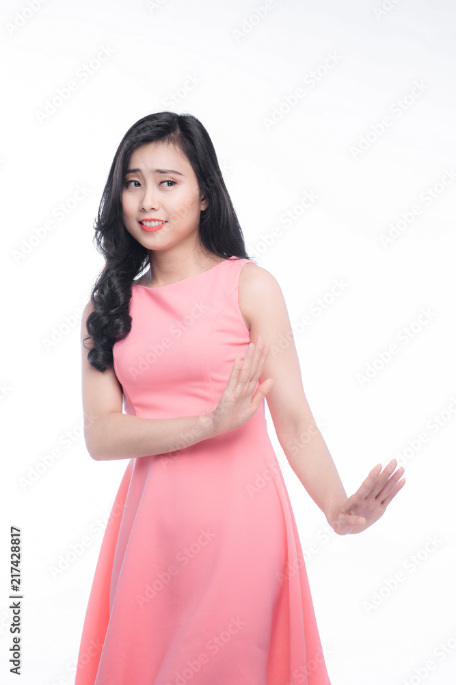 Young asian woman gesture annoyed isolated on white. Young asian woman gesture annoyed isolated on white.