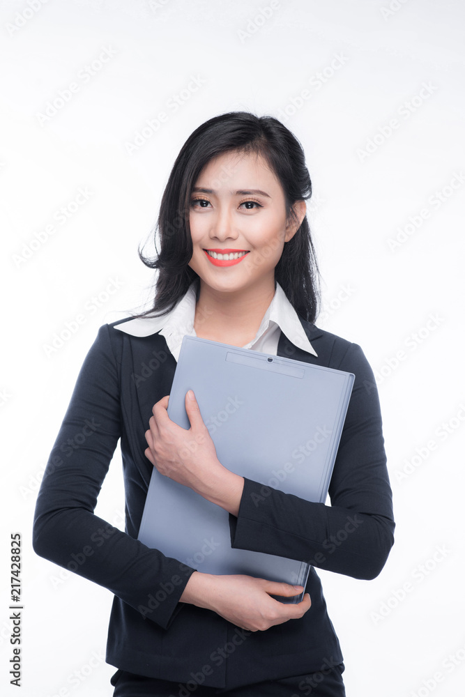 Portrait of an attractive young businesswoman with blue folder, isolated on white background Portrait of an attractive young businesswoman with blue folder, isolated on white background